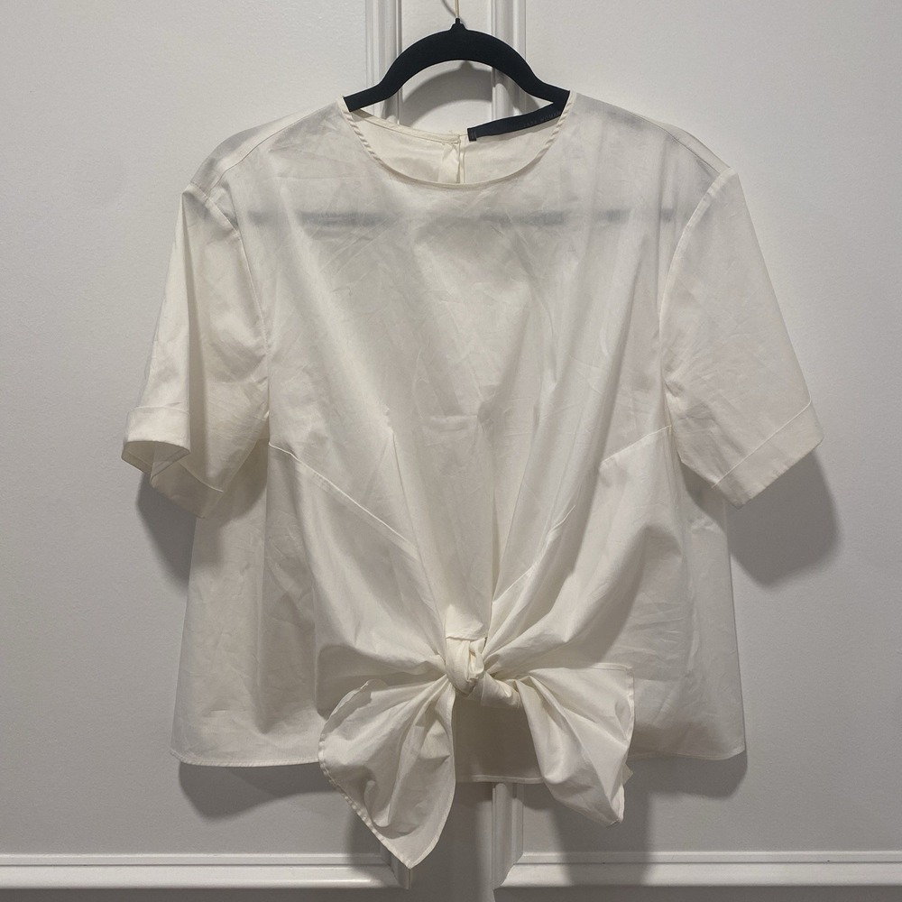 Zara Woman Studio Top Size M White‎ Tie Front Short Sleeve Button Back